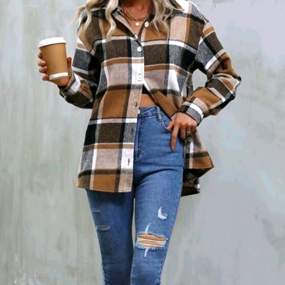 Khaki Plaid Print Button Down Top - Picture 3 of 6